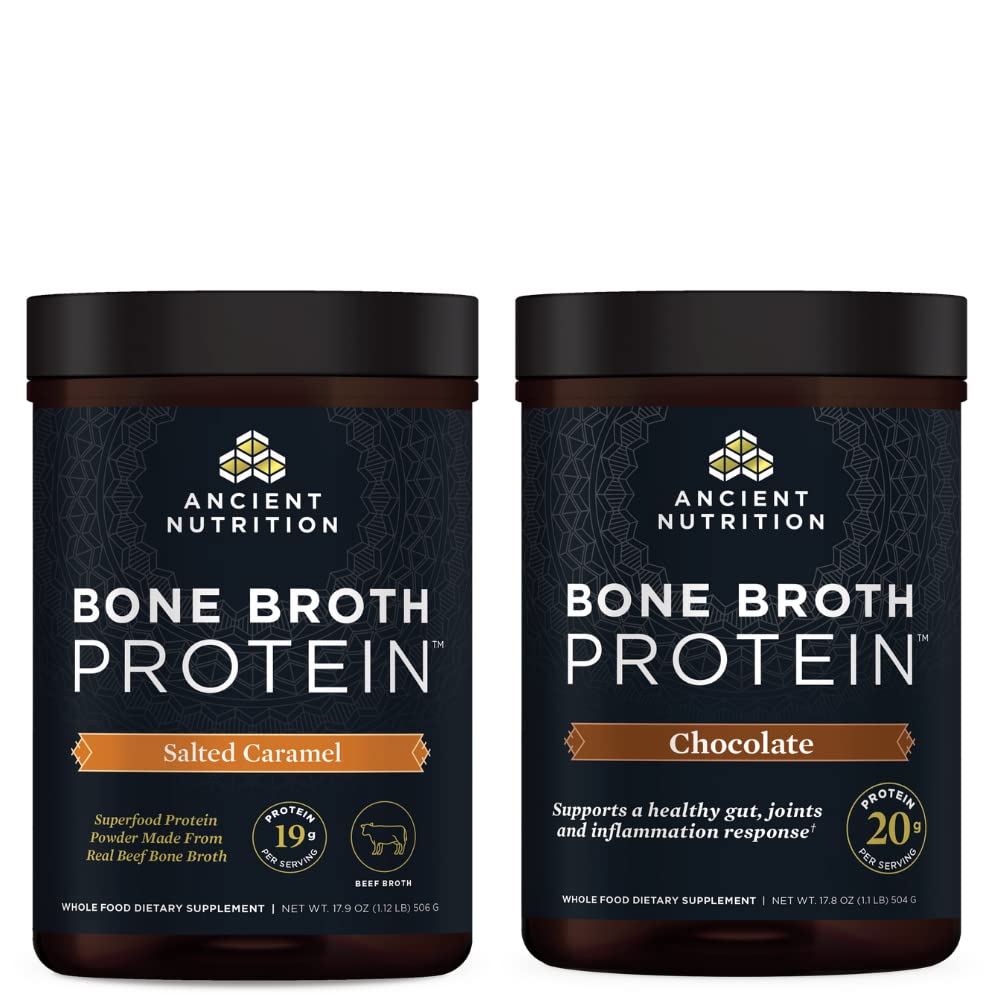Ancient Nutrition Kost Broth Protein Powder, soljena karamela, 20 Serving + Kost Broth Protein Powder, Čokolada, 20 Serving
