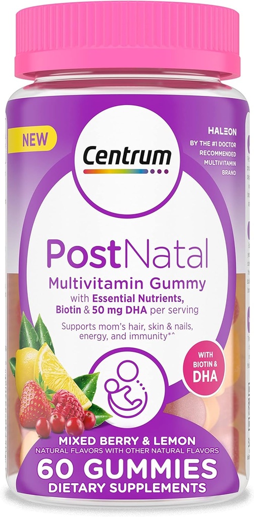 Centrum postnatalne multivitaminske žvečilke z biotinom in DHA, mešane jagodne in limonske arome - 60 Štetje, 30 dan dobave