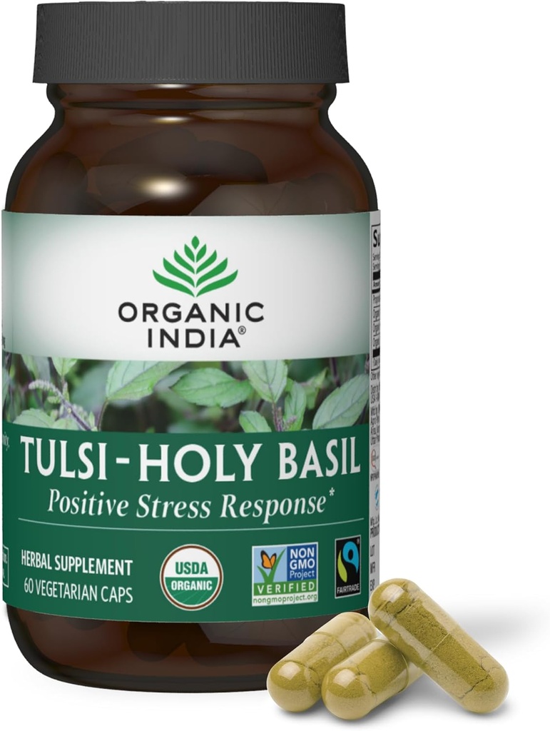 ORGANIĆ INDIA Tulsi Holy Basil Kapsule - Sveti Basil Extract - Sveti Basil List dodatek, Zeliščni dodatek, Imunska podpora, Stres Relief, Vegan, Gluten-free, Kosher, Organic, Non-GMO - 60 Kapsule