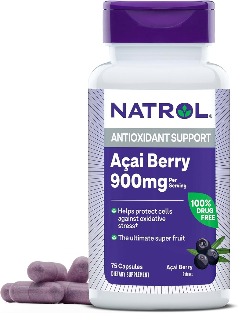Natrol Acai Berry 900 mg na obrok, prehranska dopolnila za antioksidant podporo, 75 kapsul, 37 dnevna zaloga