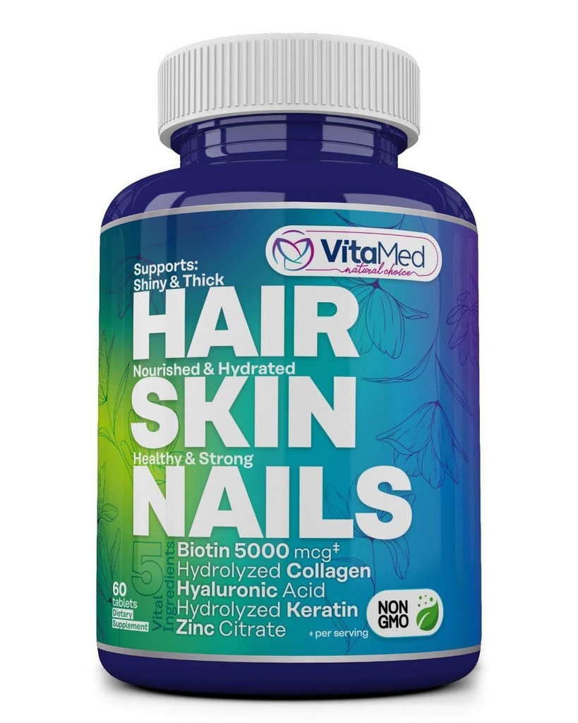VitaMed lase, kože in nohti – Biotin 5000 mcg, Kolagen, OptiMSM, Keratin, Hialuronska kislina & Silica 