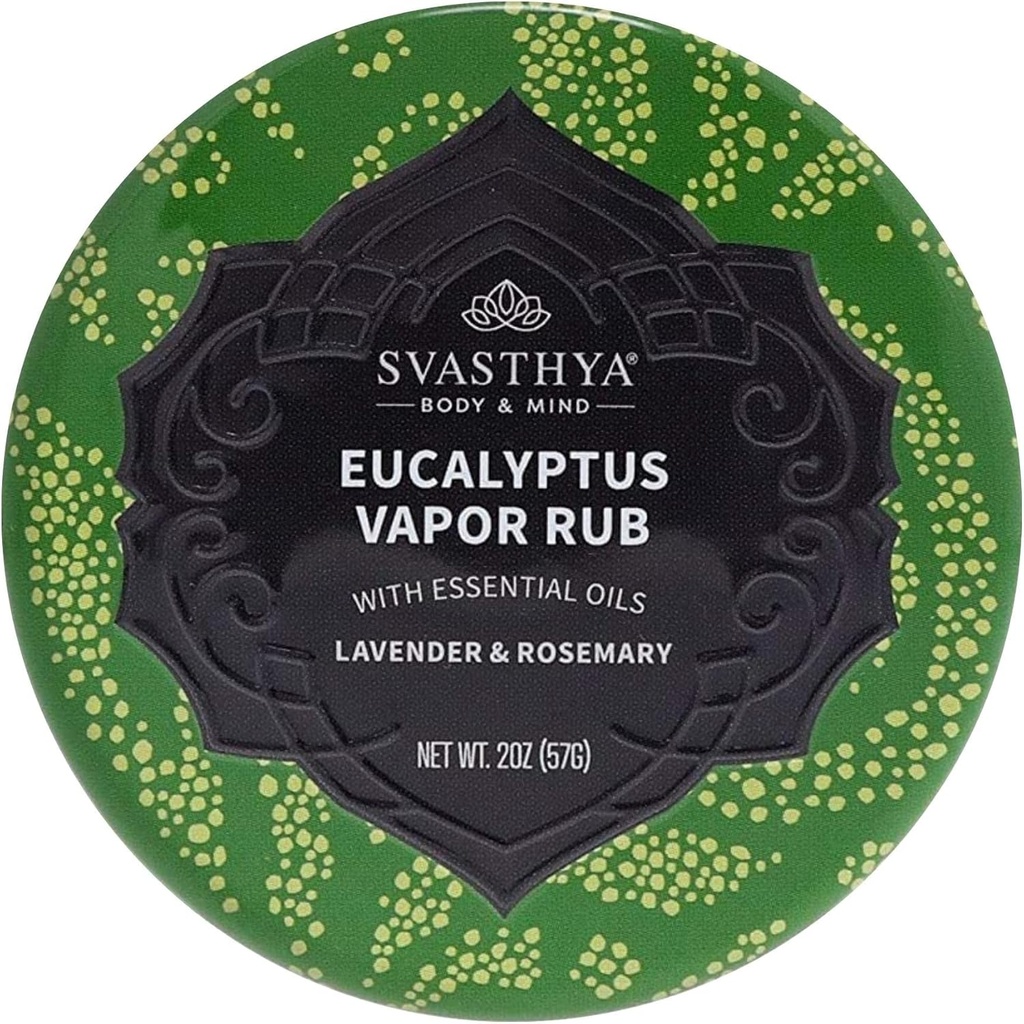 Svasthya Body & Mind Eucalyptus Vapor Rub - odpre nosne prehode & vlaži kožo, kašelj, zamašen nos & Congestion Relief, Olive Oil, Beeswax, Lavender, Rosemary - Made in The ZDA, 2oz