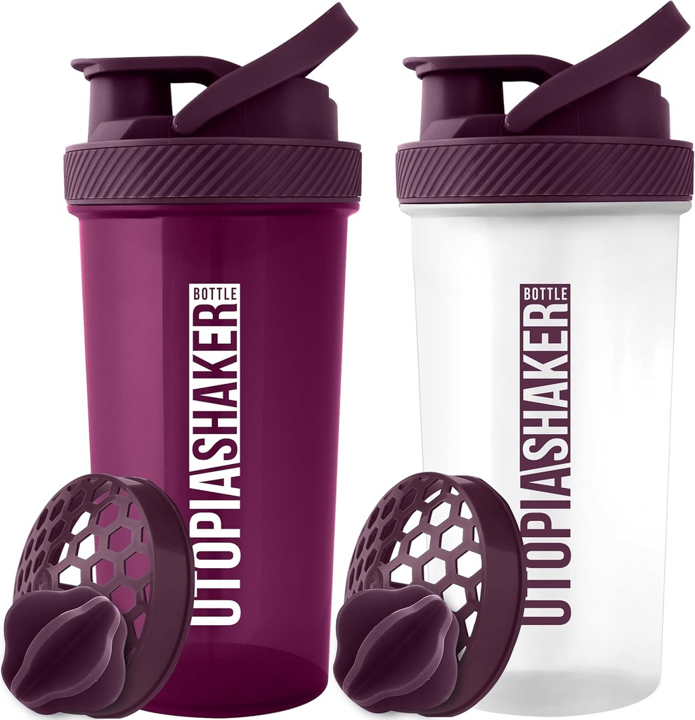 Utopija Domov Beljakovine Shaker steklenica - (Pack of 2) 28-Ounce Shaker steklenice za mešanice beljakovin - Fitness Sports Classic Mixer Shaker steklenička (Plum & Clear/Plum)
