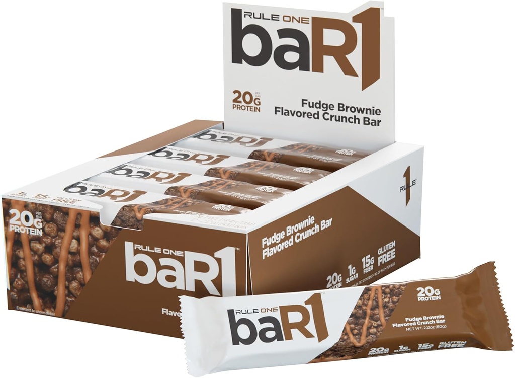 Pravilo 1 baR1 Crunch Bar - On-The-Go Priročno beljakovinski prigrizki z 20g Premium proteini, naravno pakirani z EAAS/BCAAs, Lakotna fiber (12 Count Box, Fudge Brownie)