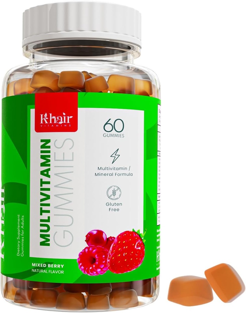 Khair Halal Adult Multivitamins Gummy - Vegan, Non-GMO - Gluten Free, želatina - Esencialni vitamini: Vitamin A E C D B12 & Vitamin B6 Halal Vitamini - 60 Gumies
