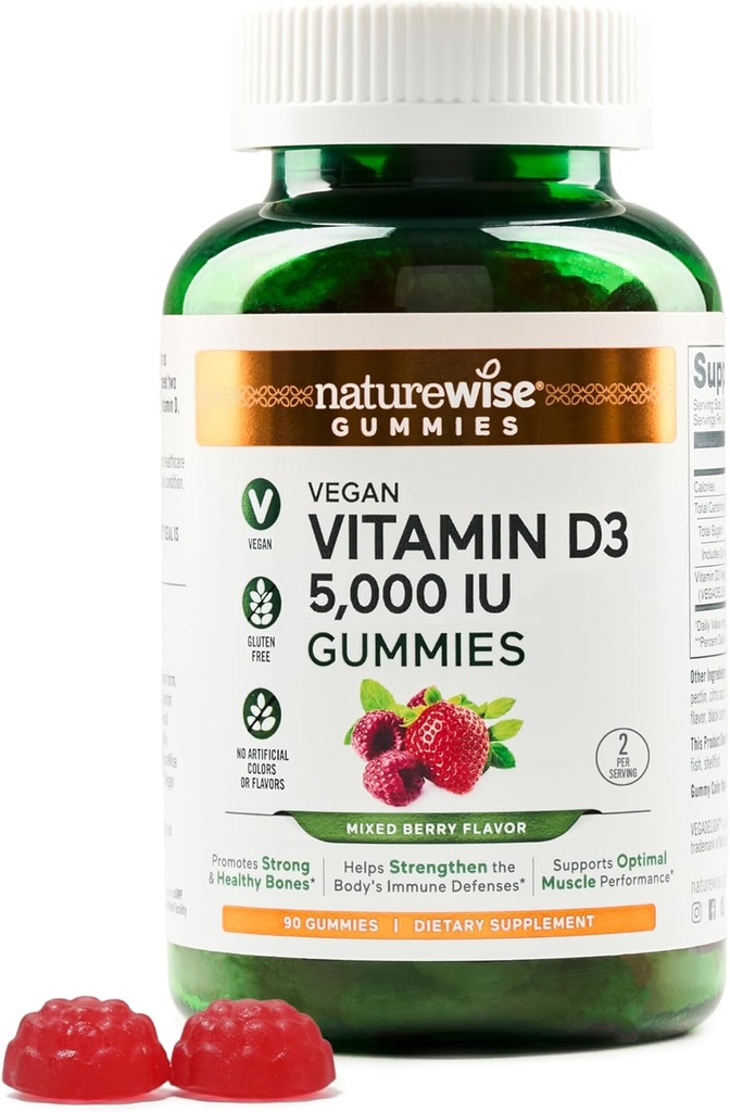 NatureWise Vitamin D3 5000 i.e. Gumiji - mešane jagodne arome - Vegan D iz Lichena, na osnovi pektina, Imunska podpora za odrasle, mišice in kosti - Gluten prost, ne-GMO - 90 Count[45-dnevna zaloga]