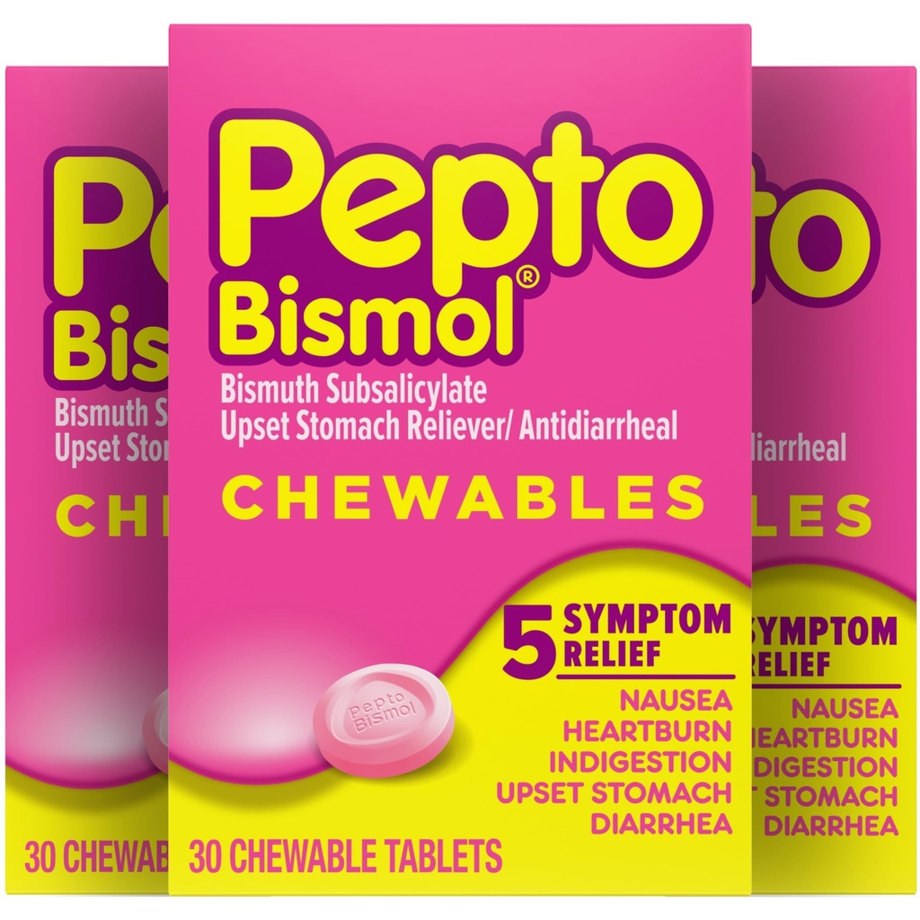 Pepto Bismol žvečljive tablete za slabost, zgago, prebavne motnje, razdražljivo želodec in diarejo, izvirna aroma, 90 skupaj (3 pakiranja po 30)