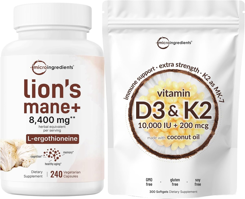 Mikro sestavine Vitamin D3 10.000iu + K2 200mcg Kokosovo olje Softgels & Lions Mane Dodatek 240 Veggie kapsule paket 2 Pakiranje 