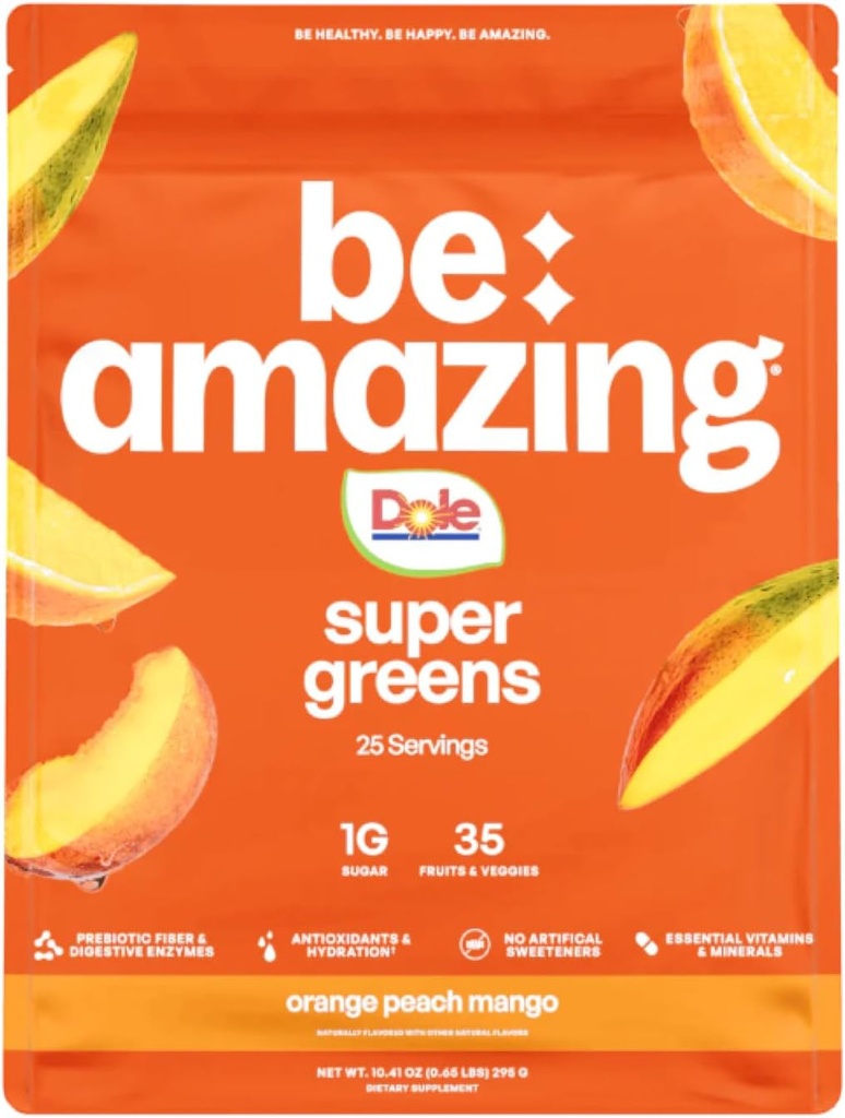 BREZPLAČNO Superzeleni prašek s prebiotiki, prebavnimi encimi in antioksidanti, 35 sadeži in zelenjavi, elektroliti in fiber, vegan, gluten brez soka in Smoothie Mix, Dole Orange Peach Mango, 25 Serv