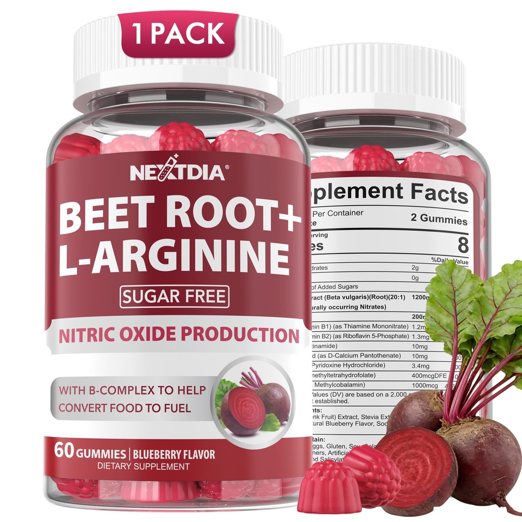 Beet Root Gummies & L-Arginin, dušikov oksid dopolnila za moške in ženske w/Organic Beets, B1, B2, B3, B5, B6, Folat, B12 za podporo za povečanje energije in kroženje, sladkor brez, 60 Cts