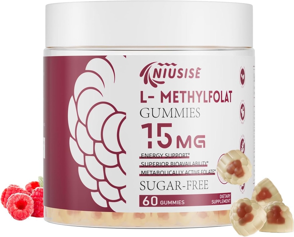 L-metilfolat 15mg Gumiji za odrasle, brez sladkorja Gumiji pomagajo izboljšati energijo, delovanje možganov - Aktivna folna kislina in vitamin B12 dodatek za imuno podporo, Non-GMO, Gluten brez