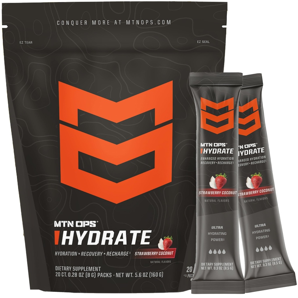 MTN OPS Hydrate Elektrolites Powder Drink Mix, 20 Eno serviranje na-the-Go Elektrolitski paketi z več kot 1000 mg elektrolitov na serviranje, Jagodni kokos