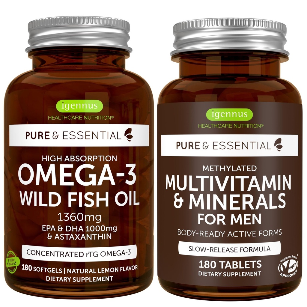 Visoka absorpcija Omega-3 Divje ribje olje + Metilirani moški multivitaminski paket, 1000mg EPA & DHA 180 Mehkužci + trajen release multivitaminski 180 tablete, ki jih Igennus
