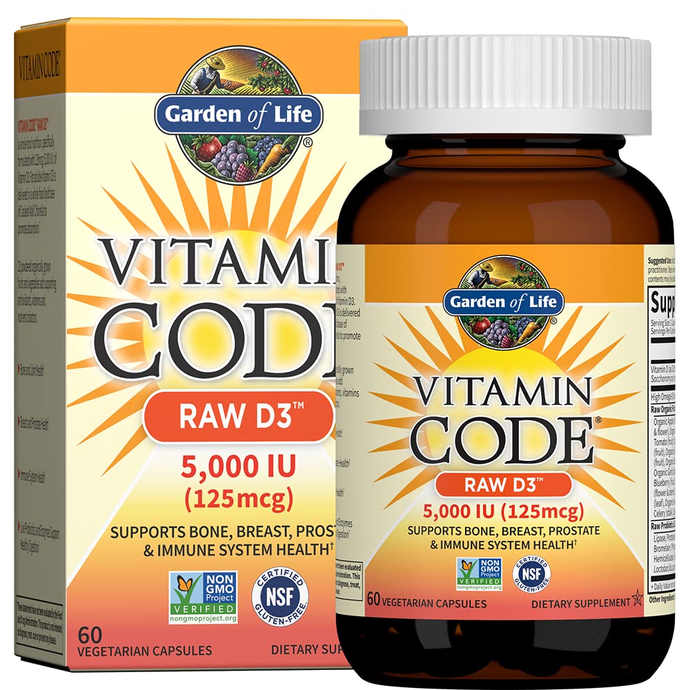 Vrt življenja Vitamin D3 5000 i.e., Surovo celotno prehransko dopolnilo s klorolom, sadjem, zelenjavo in probiotiki za zdravje kosti in imunskega sistema, 60 vegetarijanskih kapsul