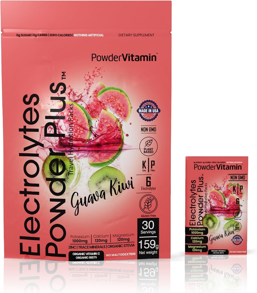PrašekVitamin Elektroliti v prahu Plus, Keto, Guava Kiwi, nič sladkorja, 1000mg kalij, 120mg kalcij, 120mg magnezij, ne-GMO, nič kalorij, 30 hidracijski paketi