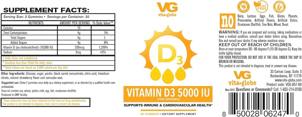 VITA GLOBE Vitamin D3 10.000IU z cinkom in Echinacea Gummy - podpira zdrav imunski sistem, močne kosti, zobe in mišice, 120 število (2-Pack)