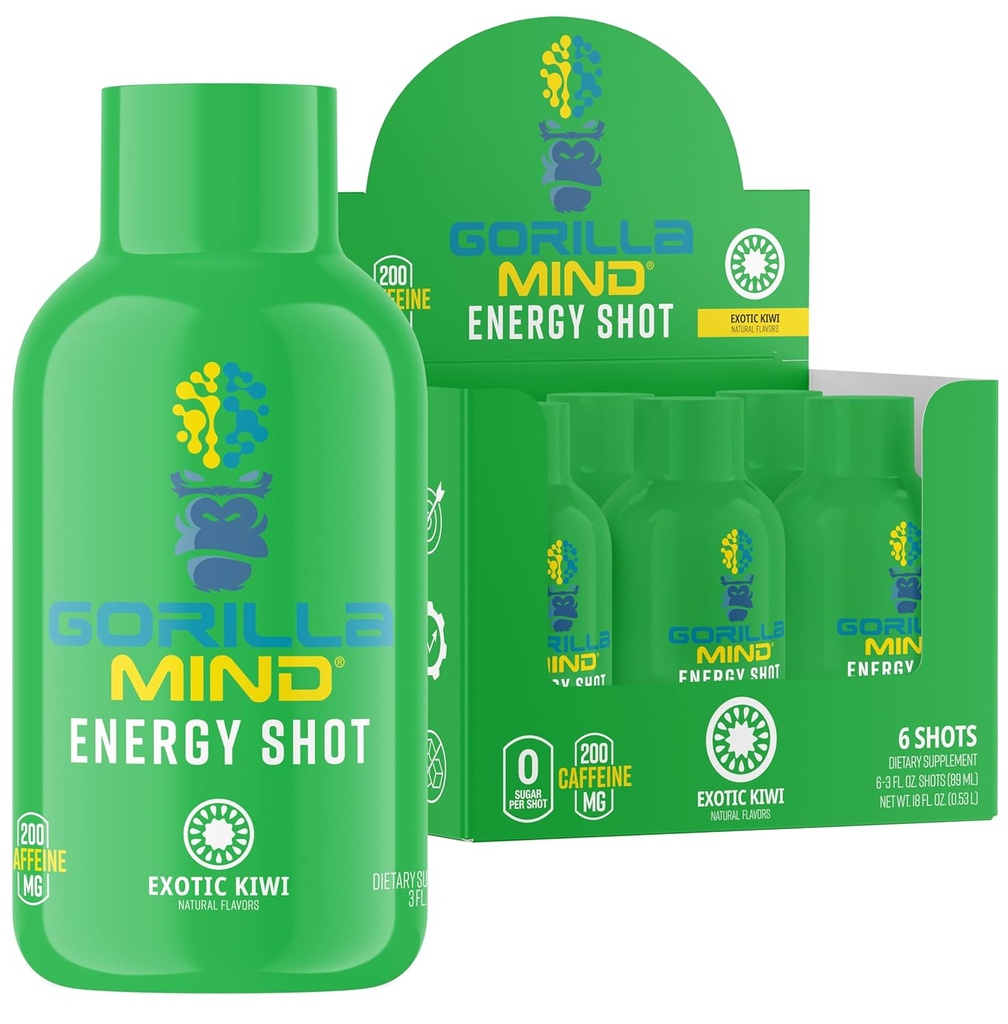 Gorila Mind Energy Shots (Pack od 6) - Izboljšano fokus & Energija, Sugar-free, hitro delovanje, Močna Formula z vitamini in naravnimi izvlečki (Exotic Kiwi)