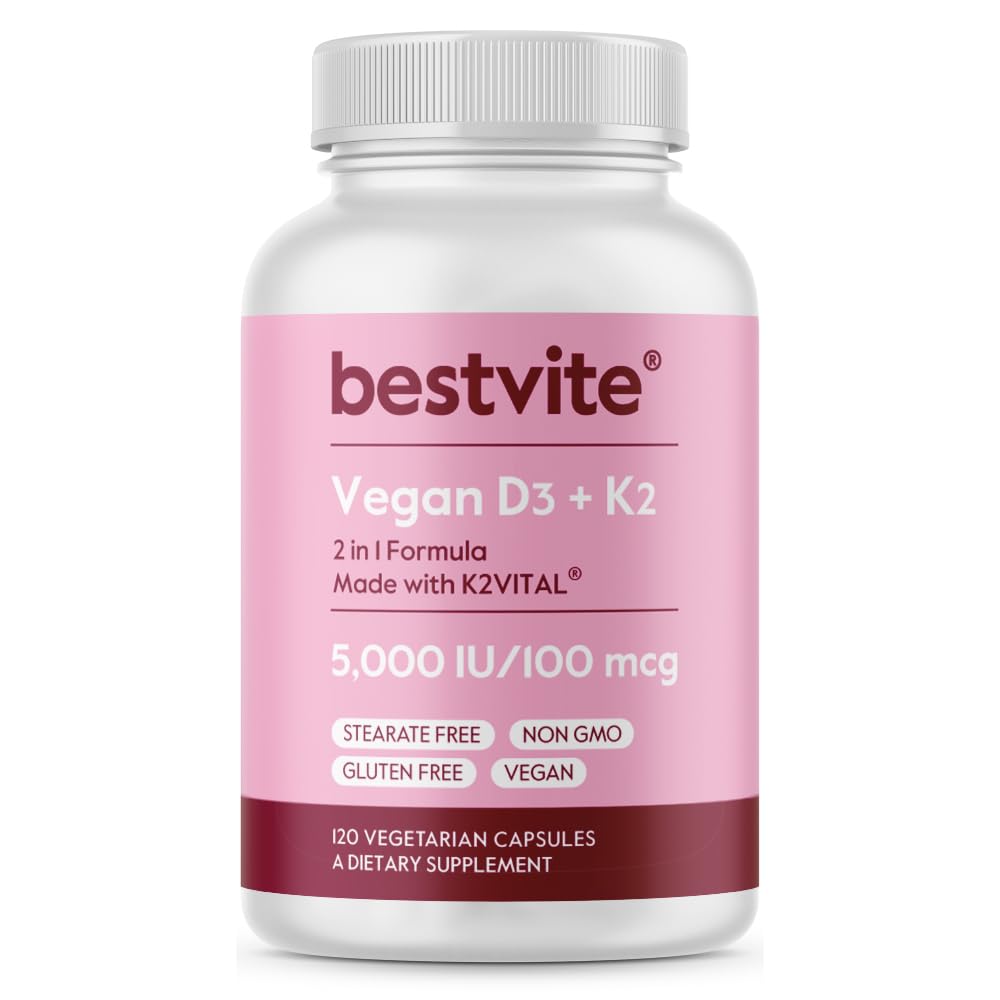 BESTVITE Vegan Vitamin D3 5000 i.e. + Vitamin K2 100 mcg v obliki MK-7 (120 vegetarijanskih kapsul) - brez stearat - vegan - brez GSO - brez glutena