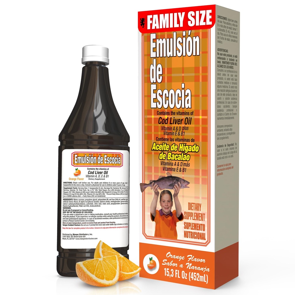 EMULSION DE ESCOCIA Trska Jetrno olje, prehranska dopolnila, vitamini A, B1, D in E, Podpora imunskega sistema, Orange Flavor (15.3 Fl Oz/Pack z 1)