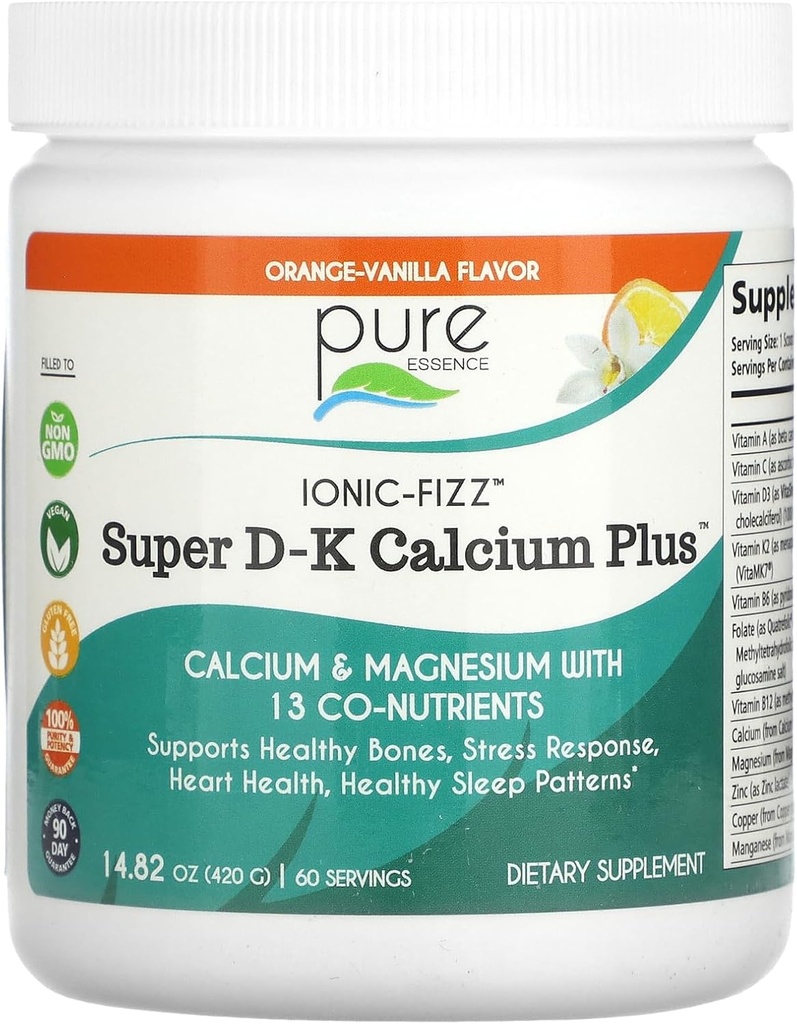 Jonic Fizz Super D-K Calcium Plus s čisto Essence - z ekstra magnezij, Vitamin D3, Vitamin K2 - Orange Vanilla - 14.82oz