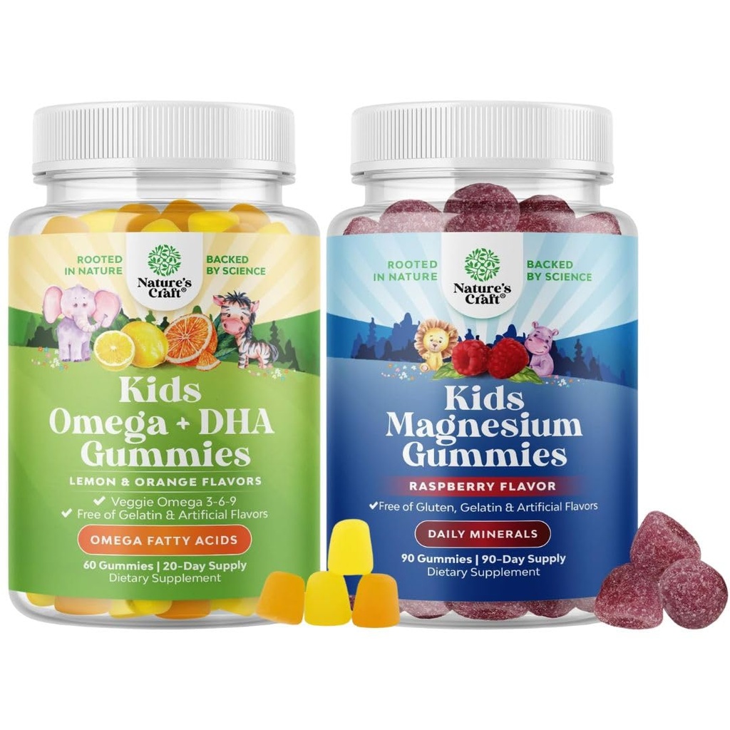 Žrebanje Omega DHA Gummies za otroke - Maščobne kisline Omega 3 6 9 z vitaminom C za možgane, imuniteto in vid in otroci Magnezij Gumies - Mag Citrat za živčno zdravje Mišice in zdravo srce Podpora
