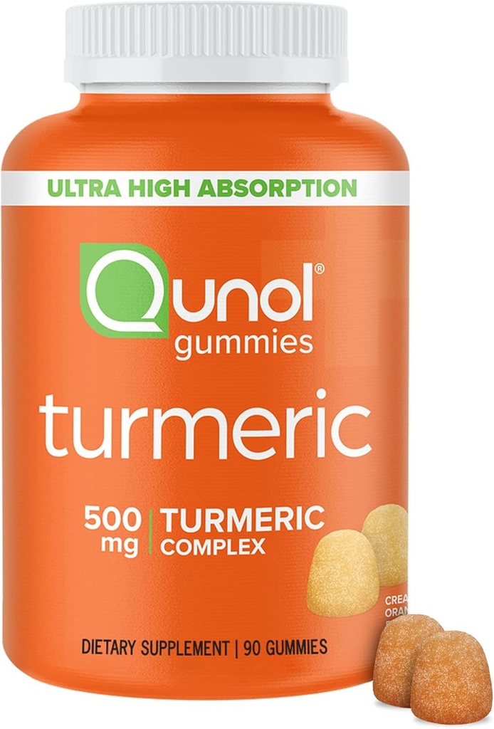 Qunol Turmeric Gummies, Gummy s 500mg Kurkumin, Skupni dodatek podporo, Ultra visoka absorpcija Tumerski kurkumin, Vegan, Gluten prost, 90 Število
