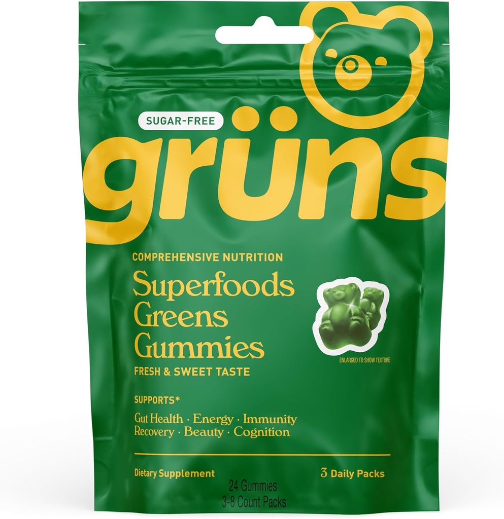 Gruns Sugar Free Super Greens Gummy Bears - Organic Spirulina in Klorella, Prebiotiki za digestivno zdravje, 20+ Vitamini in minerali, Adaptogeni - 3 vrečke - 24 Gummies
