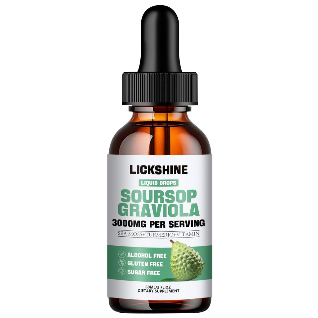 1 Pakiranja 3000MG Soursop Graviola Tekoča kapljica za podporo celic in regeneracijo, lmmune, Gut, Antioksidant, Mood, Sprostitev, Jetra in spanje Zzz - Soursop Graviola List Extract, Sea Moss, Kurkuma - 2Fl Oz