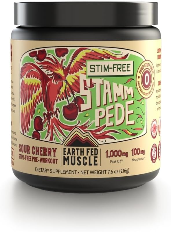 Earth Fed Muscle Stammpede Sour Cherry Pred treningom Prašek za moške in ženske, Pred treningom brez kofeina, Vegan & Gluten brezplačno, poveča fokus in vzdržljivost, Levja griva, Tavrin, Vrh O2, 30 Servinga