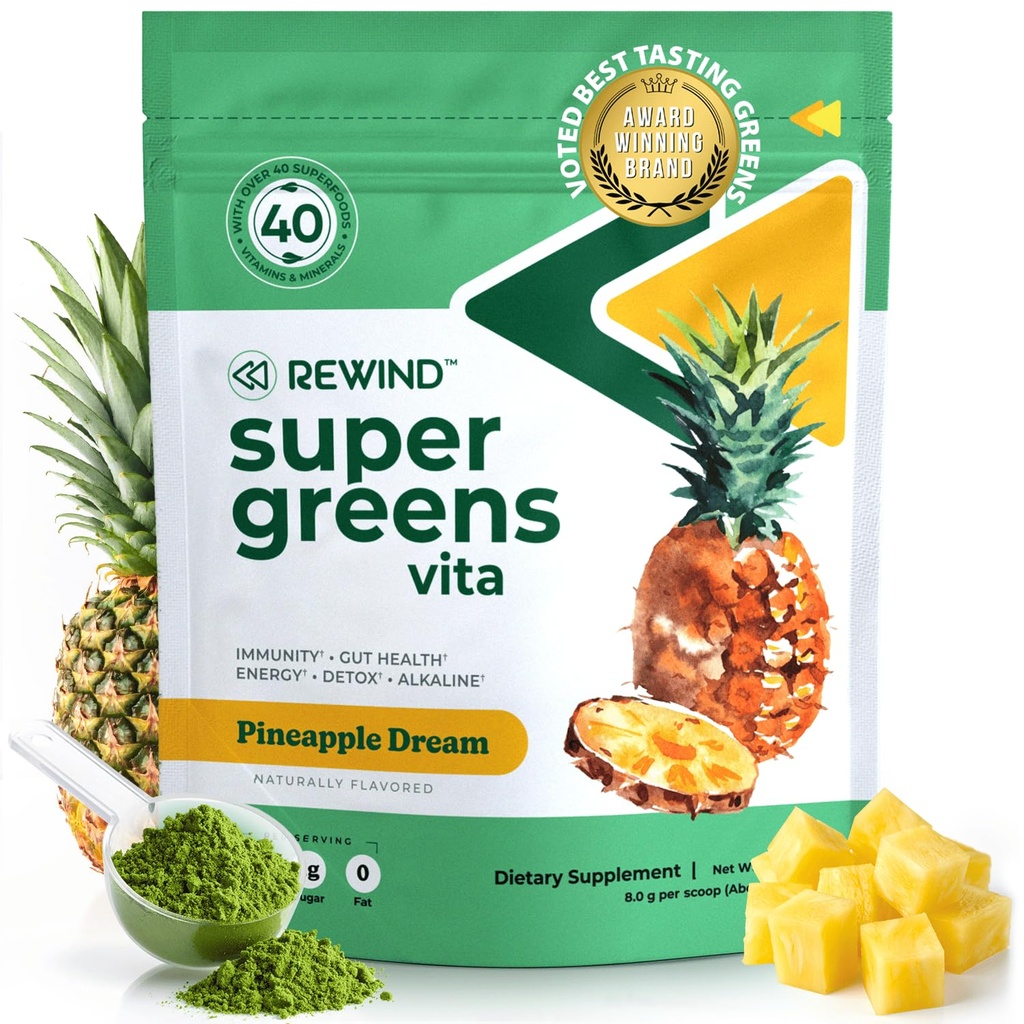 Najboljši degustacija Super Zeleni Powder s 40+ Superfoods – Delicious Daily Green Powder z vitaminom B12, cink, vitamin C, magnezij in kalcij – Zeleni sok Superfood Mix - Ananas aroma