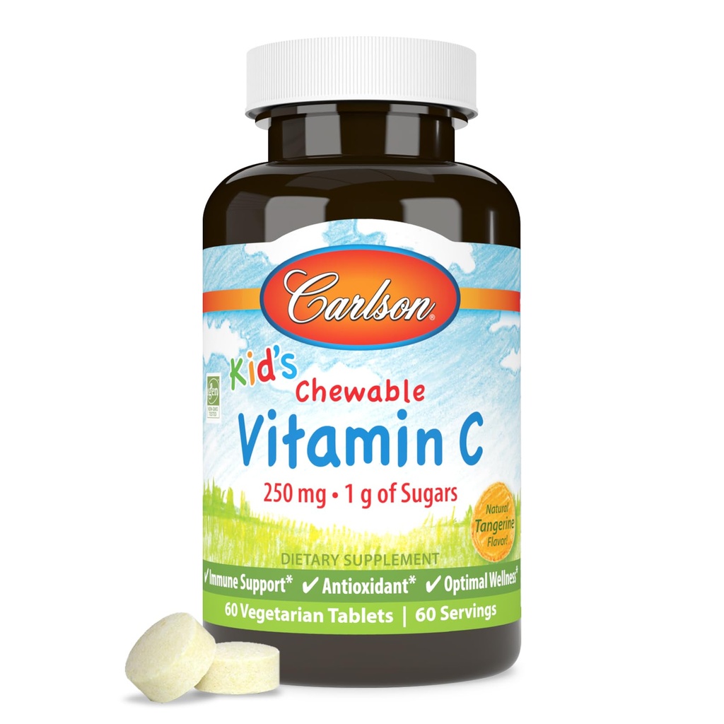 Carlson - otroški žvečljivi vitamin C, 250 mg, 1 g sladkorjev, Imunska podpora in Optimalna Wellness, Antioksidant, Tangerin, 60 vegetarijanske tablete