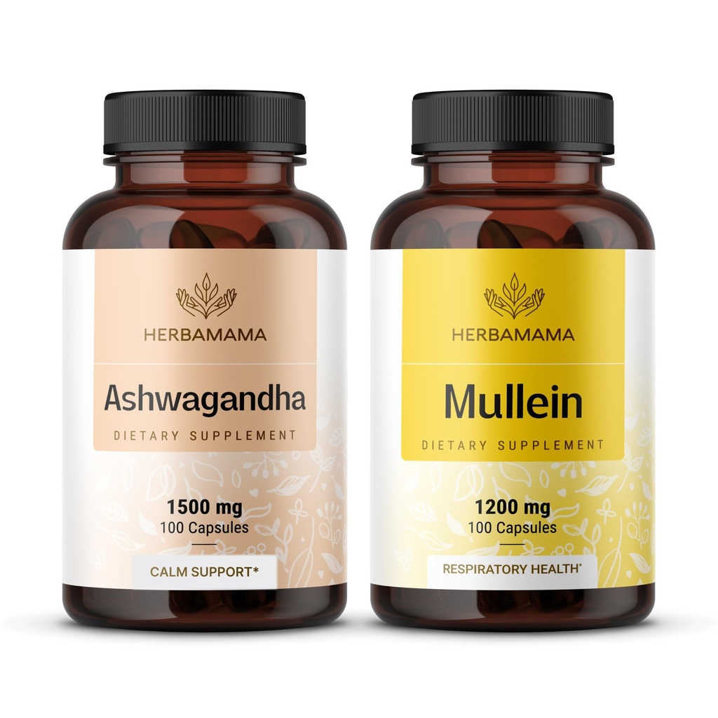 HERBAMA Ashwagandha in Mullein Kit - paket 1500 mg Ashwagandha Root & 1200 mg Mullein Listne kapsule 100 kapsul - Vegan, ne-GMO, sladkor in alkohol brez - 2 pakiranji