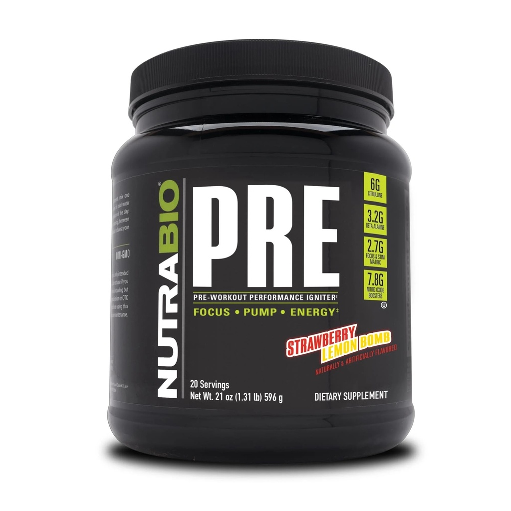 NutraBio PRE Workout Powder - stara Formula- Trajna energija, Duševno fokus, vzdržljivost - Beta Alanin, Kreatin, kofein, Elektroliti - 20 Serving - Jagodna limonska bomba
