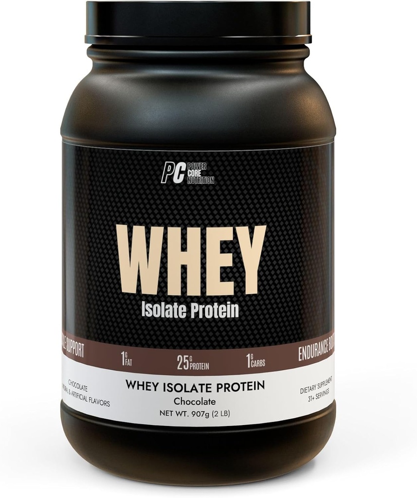 PowerCore Nutrition Whey Isolated Protein - Nizka vsebnost ogljikovih hidratov, nizka vsebnost maščob, lahke mešanice - 25g beljakovine na serviranje - čokoladni okus, ne-GMO, Muscle Recovery & Lean Gains dodatek (2 lb)