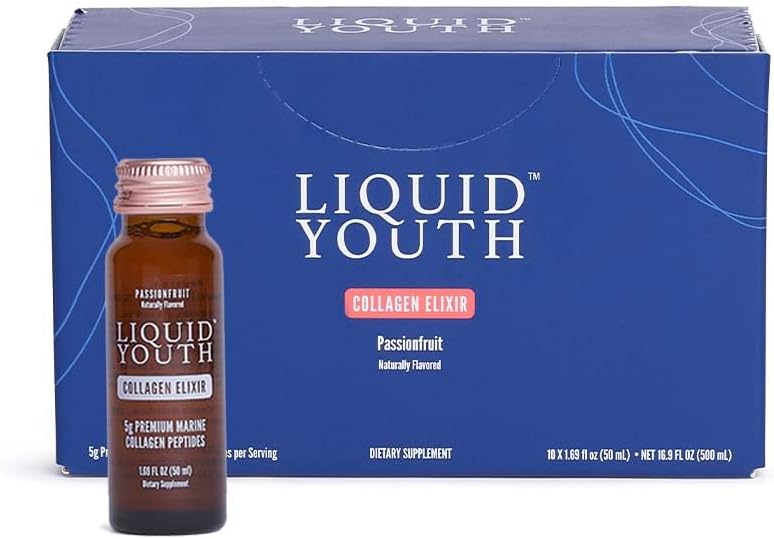 Liquid Collagen Elixir Shot za ženske in moške - Premium Liquid Marine Collagen za rast las, kožo, nohte, kosti in skupno zdravje - Potovanja-prijazno (Passion sadja, 10 Serving na škatlo)