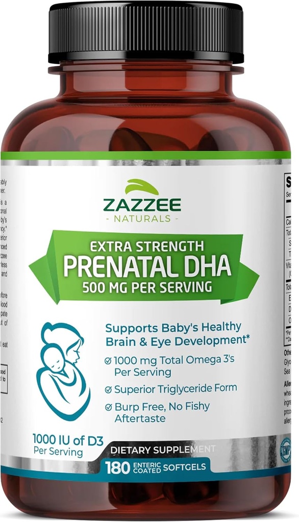 Zazzee Extra Strength Prenatal DHA 500 mg, 180 Enteric Coated Softgels, 1000 mg Omega 3's, 1000 UI Vitamin D3, Burp Free, Brez ribjega pookusa, Superior Triglicerid oblika, Prečiščeno globokomorsko ribje olje