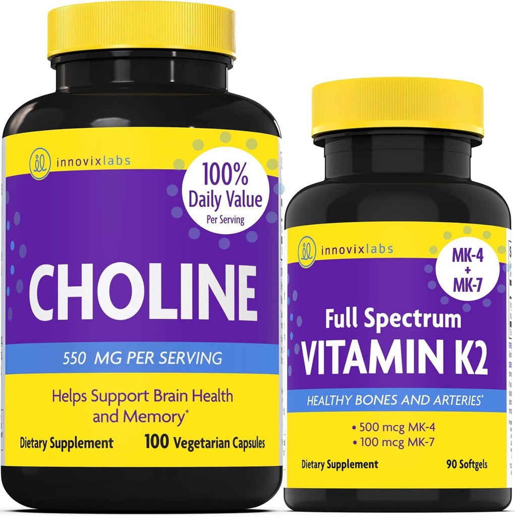 InnovixLabs Choline & Vitamin K2 Bundle Choline Bitartrate 550mg (100 kapsul) Celoten spekter Vitamin K2 (90 softgels). Podpira spomin, razpoloženje, zdravje možganov in krepitev kognitivne.*