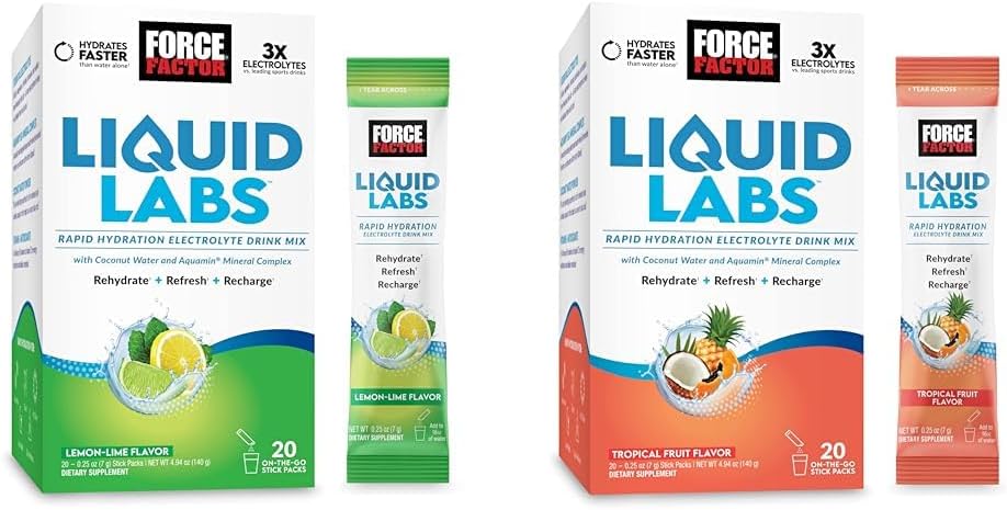 Sklop FORCE FAKTOR Tekoči laboratoriji Elektroliti Powder, Hydration Packets narediti elektrolitsko vodo z vitamini, minerali in antioksidanti. Limonina aroma + tropska aroma sadja, 40 palic