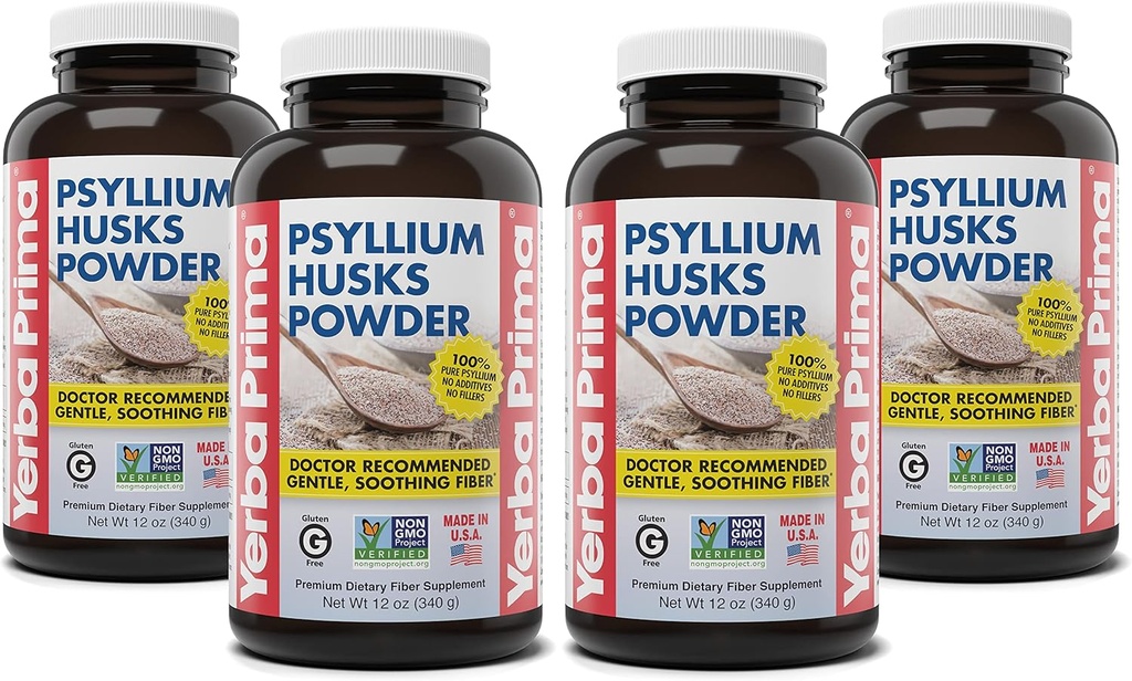 Yerba Prima Psyllium Husks Powder - 12 oz (paket s 4) - Naravni fiber dodatek - Colon Cleanse - Gut Health - Vegan, Non-GMO, Gluten-free (Nova nalepka - Pakiranje maj Vary)