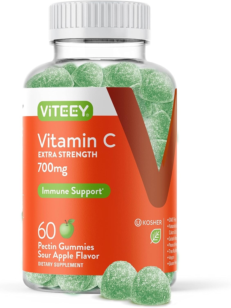 Viteey žvečljivi vitamin C Gumiji za odrasle - 700mg ekstra moč imunske podpore - Vegan, Gluten brezplačno - 60 Count