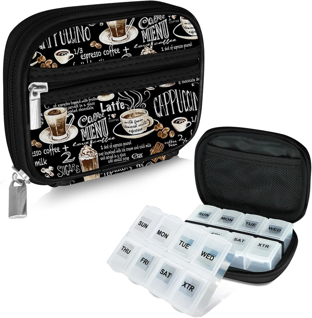 Serfeymi tedenski potovalne tablete Organizator tablete Primer za zapornice z odstranljivo 7 dan tablete Box, modna potovalna medicina tablete vsebnik za medicino, vitamin, dodatek - črna 02 + tablete