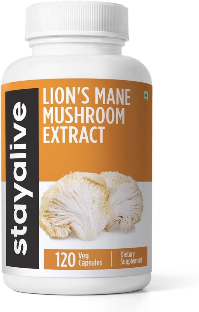 STAY ALIVE Lions Mane Supplement Capsules 1000mg, 30:1 Extract w/Beta Glucans, 100% Fruiting Body, Pure Lions Mane Powder for Men and Women, 120 Pills, Non-GMO & Gluten-Free Mushroom Supplement