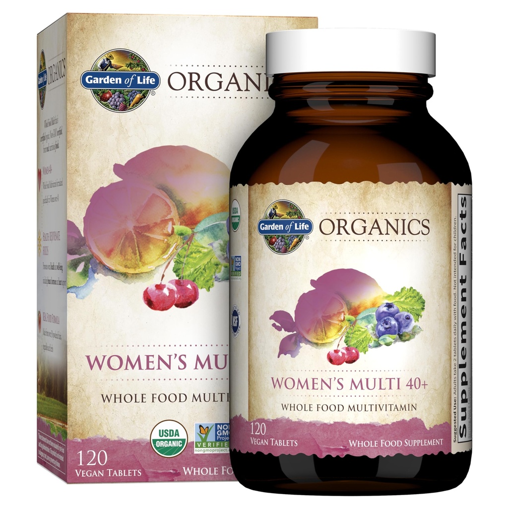 Vrt življenja Multivitaminski za ženske 40 Plus, Organics Ženske Vitamini, Hormone & prsi zdravje podpora Mešanica, Vegan, 120 Tablete