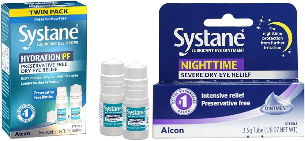 Systane Hydration Multi-Dose Konservativne-free kapljice za oči suho oko Relief Twin Pack (2x10ml) in nočno mazivo očesno mazivo 3,5g Tuba