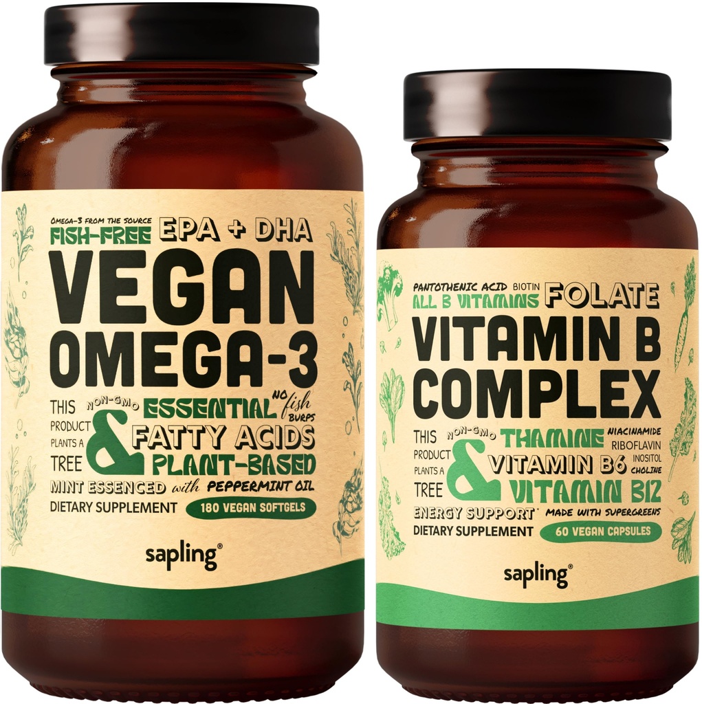 Vegan Omega 3 180 Softgels & Vegan Vitamin B Kompleksni paket - Na rastlinah osnovane DHA & EPA maščobne kisline, Essential B Vitamini s celotno živilsko mešanico, B1, B2, B3, B5, B6, B7, Folat