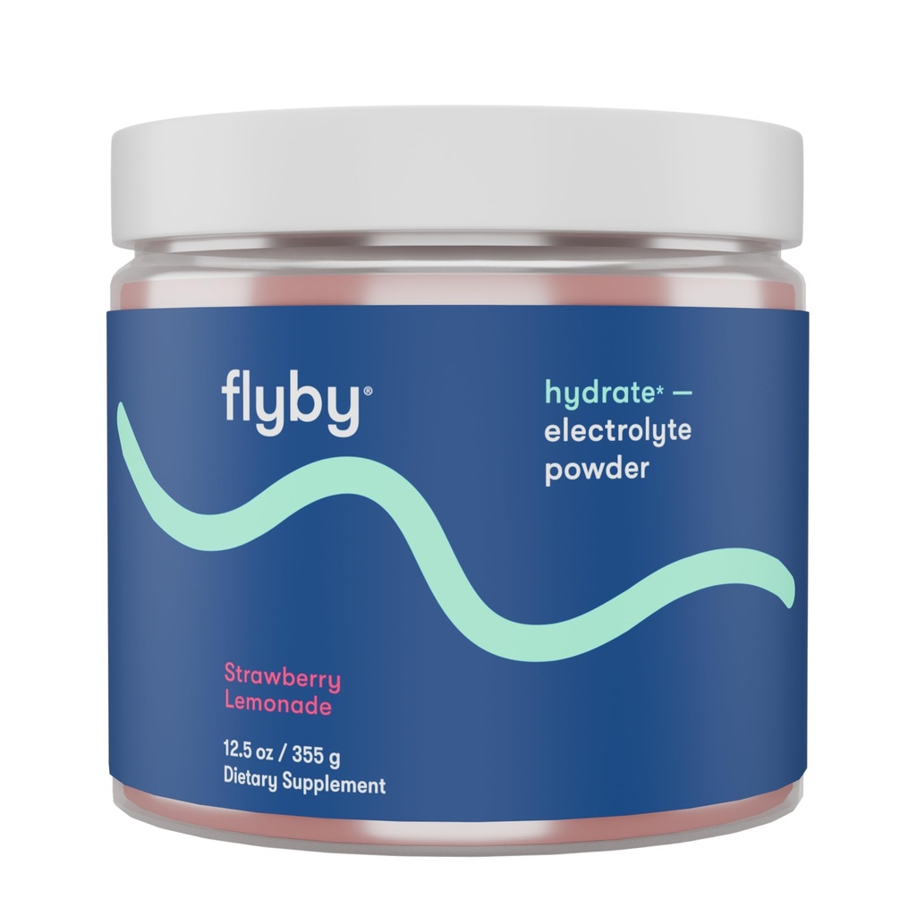 Flyby Elektroliti v prahu [ brez dodanega sladkorja: naravno sladkan ] vsebuje kalij, AquaminTM Kalcij & magnezij, natrijeva morska sol, celoten spekter 72 Trace Minerals - Jagodna limonada