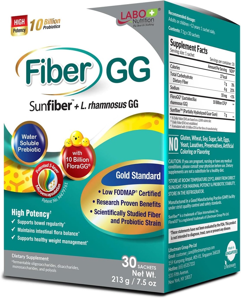 LABO Nutrition FiberGG, Lactobacillus Rhamnosus GG 10 Billion CFU Aktivni probiotiki in 7g Sunfiber Prebiotic Fiber dodatek, Podpora Zdravje črevesno, Imunsko zdravje, Gluten Free, 30 Sachets