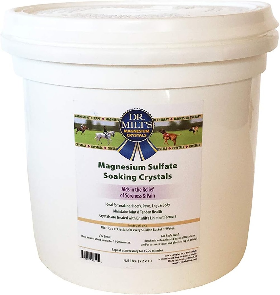 Dr. Miltov konj Epsom Salt Magnezijev sulfat Kristali infundirani z Arnico: kopito in telo namakanje za olajšanje in okrevanje. 1-4.5lbs Bucket