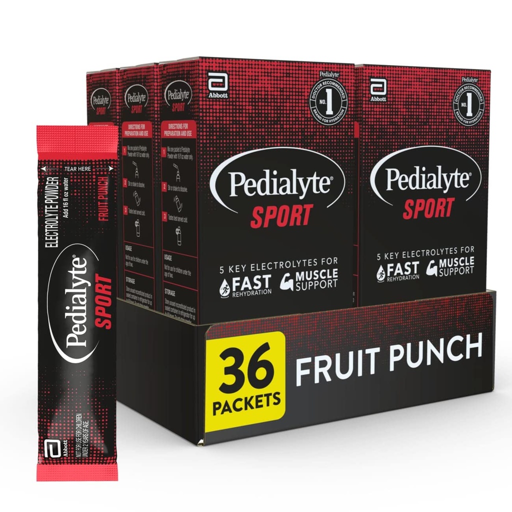 Pedialyte Sport Electrolyte Powder, Fast Hydration with 5 Key Electrolytes for Muscle Support Before, During, & After Exercise, Fruit Punch, 0.49 Oz Sachets 6 Count (Pack of 6)