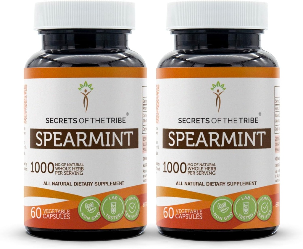 Skrivnosti kapsul Tribe Spearmint 1000 mg Spearmint (Mentha spicata) posušen list, ženski hormonski dodatek (2x60 kapsul)